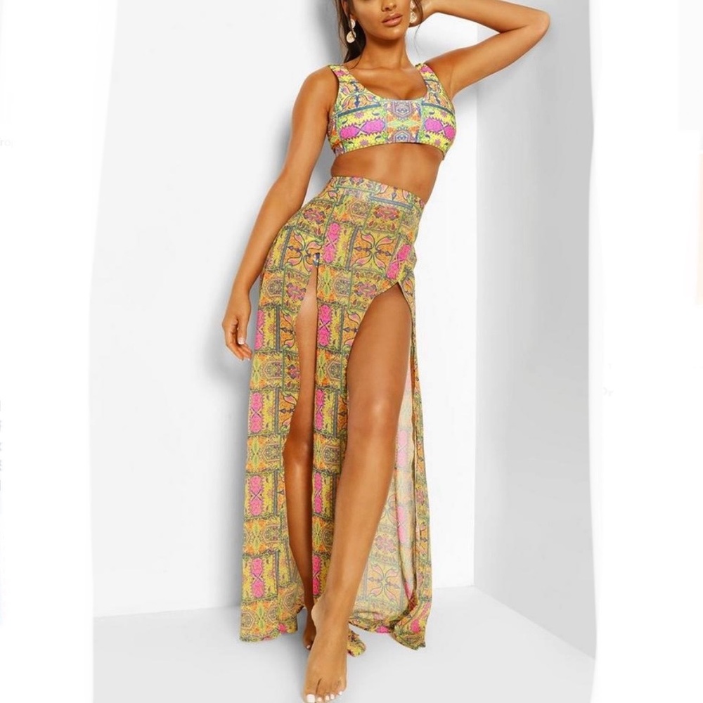 BOOHOO tile print split leg maxi skirt